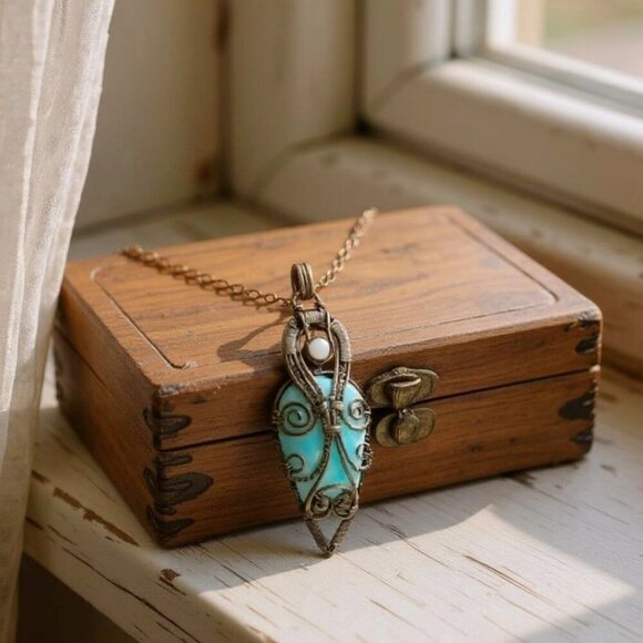 Handcrafted ✦ Larimar Wire Wrapped Pendant ✦ 4.13" Pear-Shaped Ocean Stone NWT - Picture 3 of 7